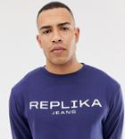 Replika Tall Crew Neck Sweater In Blue With Logo - Blue