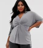 Outrageous Fortune Plus Knot Front Jersey Top In Gray-multi