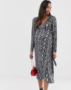 New Look Maternity Wrap Long Sleeve Midi Dress In Snake Print - Brown