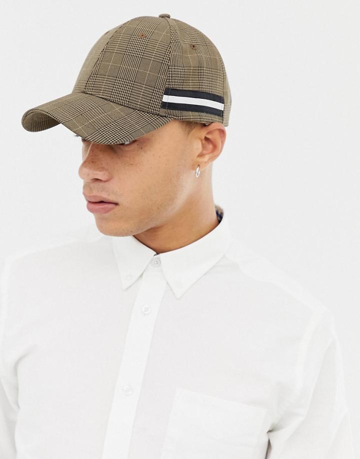 Asos Design Baseball Cap In Brown Check With Taping Detail - Brown