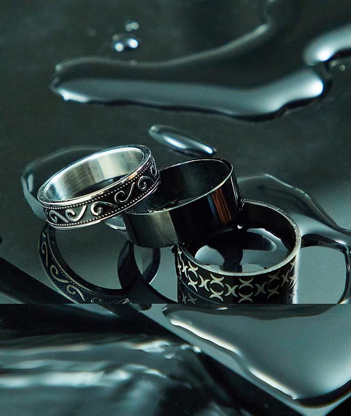 Asos Design 3 Pack Waterproof Stainless Steel Band Ring Set With Embossing In Black And Silver Tone - Silver