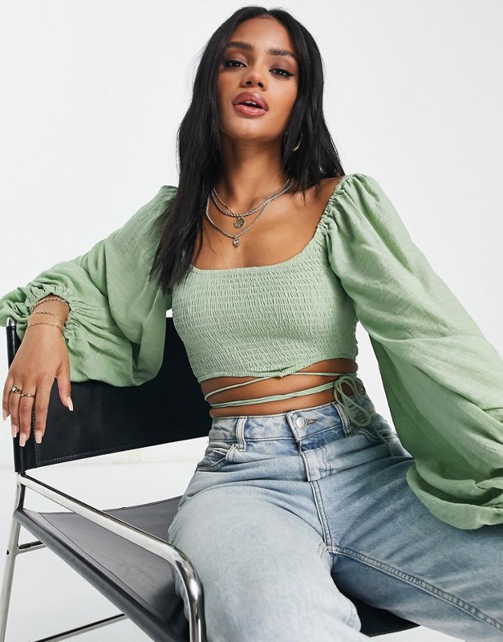 Parallel Lines Crop Top With Strap Detail And Volume Sleeve In Green