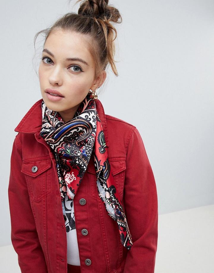 Asos Design Polysatin Paisley Print Scarf - Red