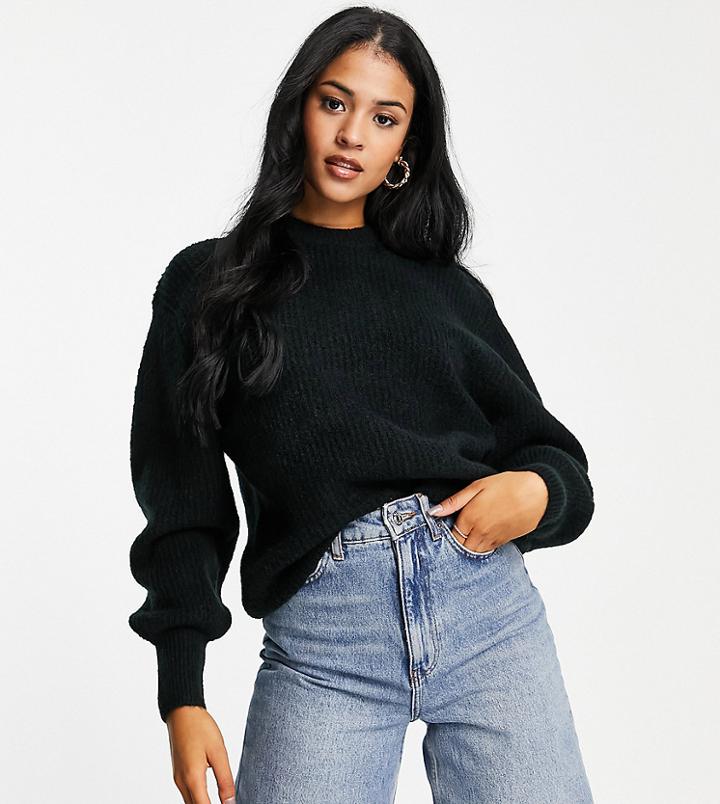 Asos Design Tall Crew Neck Sweater In Rib With Fluffy Yarn In Black