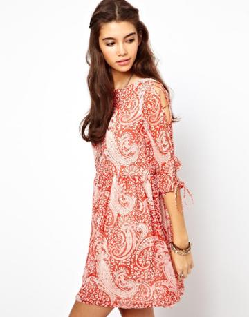 Asos Skater Dress In Paisley Print With Lace Up Sleeve