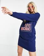 Love Moschino Textured Box Logo Sweatshirt Dress In Blue