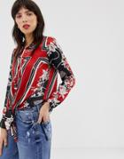 River Island Shirt With Tie Front In Red Scarf Print