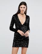 Motel Meli Bodycon Dress In Iridescent Sequin With Plunge Neck - Black