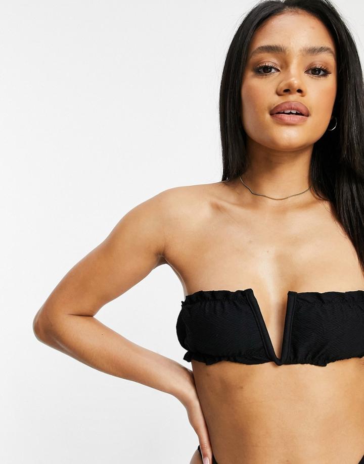 Fashion Union Exclusive Plunge V Front Ruched Bandeau Bikini Top In Textured Black