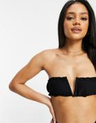 Fashion Union Exclusive Plunge V Front Ruched Bandeau Bikini Top In Textured Black