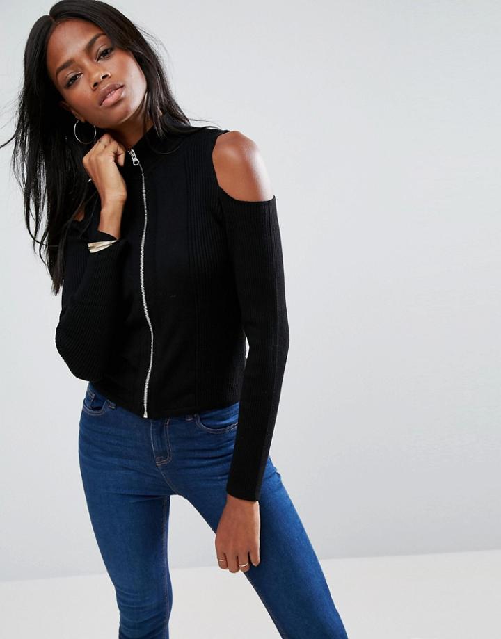 Asos Cardigan With Zip Front And Cold Shoulder - Black