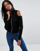 Asos Cardigan With Zip Front And Cold Shoulder - Black