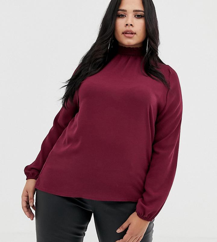 Prettylittlething Plus Shirred Neck Blouse In Berry - Red