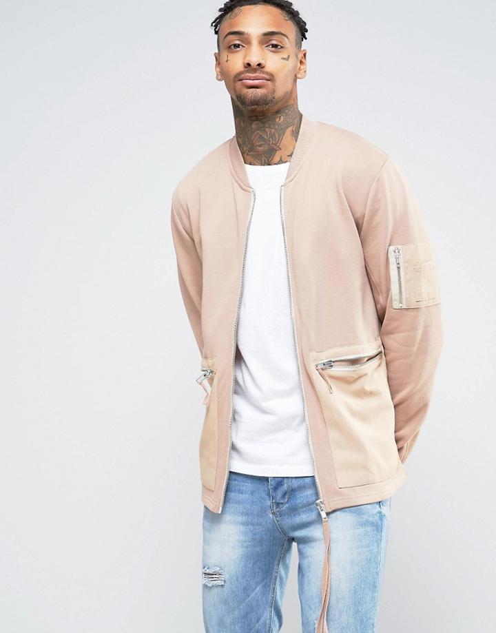 Asos Jersey Bomber Jacket With Woven Pockets And Long Zip Pull - Beige