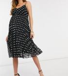 Asos Design Maternity Pleated Cami Midi Dress With Drawstring Waist In Polka Dot-multi