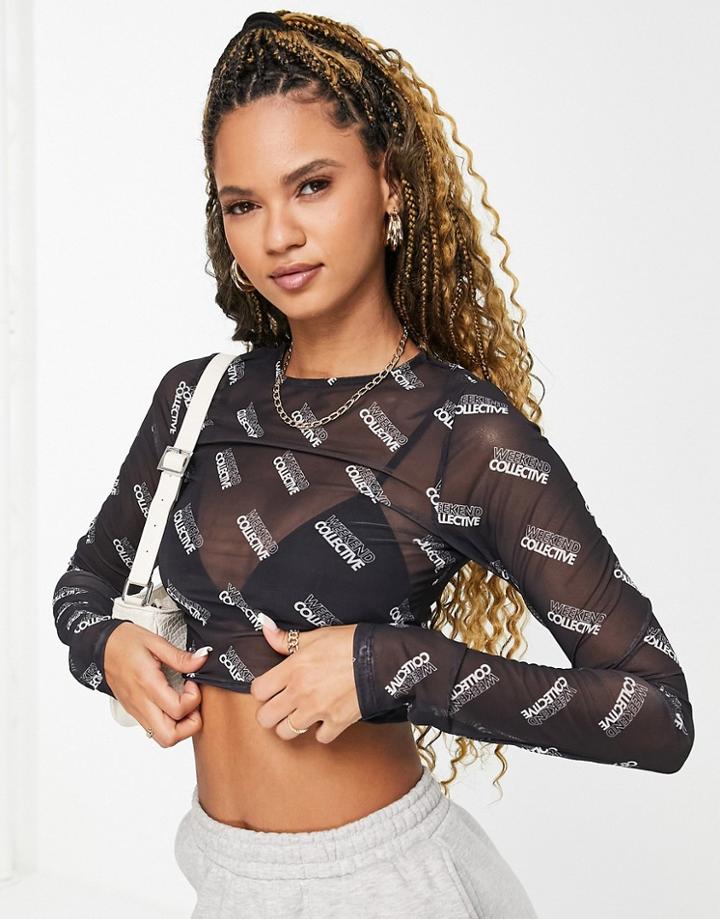Asos Weekend Collective Fitted Top Monogram Mesh-black