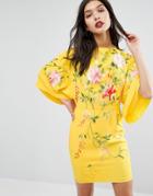 Asos Embroidered Kimono Mini Dress - Yellow