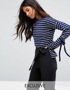 Missguided Stripe Tie Cuff Long Sleeve Top - Navy