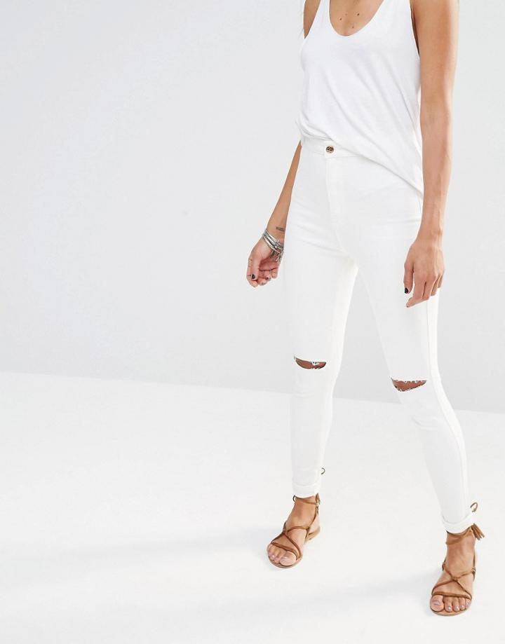 Missguided Vice High Waisted Slash Knee Skinny Jean - White