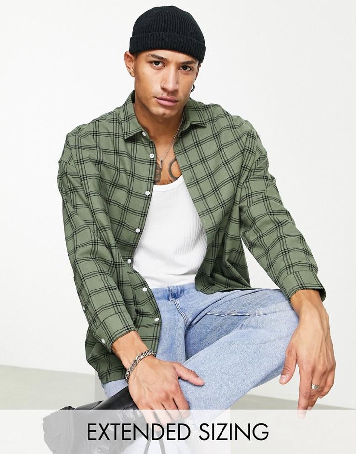 Asos Design Extreme Oversized Check Shirt In Khaki-green