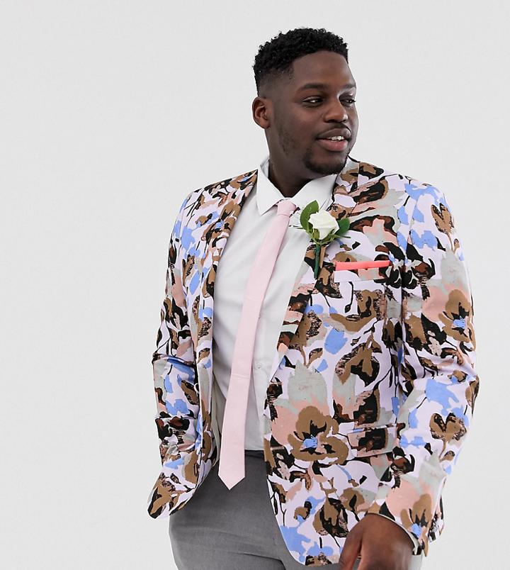 Asos Design Plus Wedding Skinny Blazer With Allover Floral Print In Lilac-purple