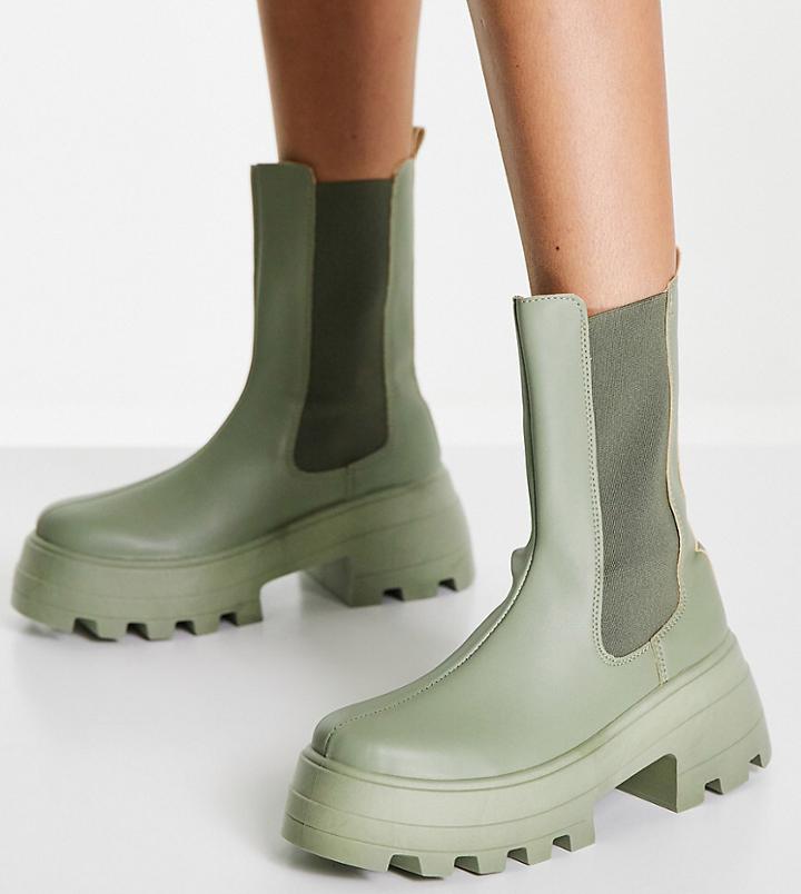 Asos Design Wide Fit Ada Chunky Chelsea Boots In Khaki-green