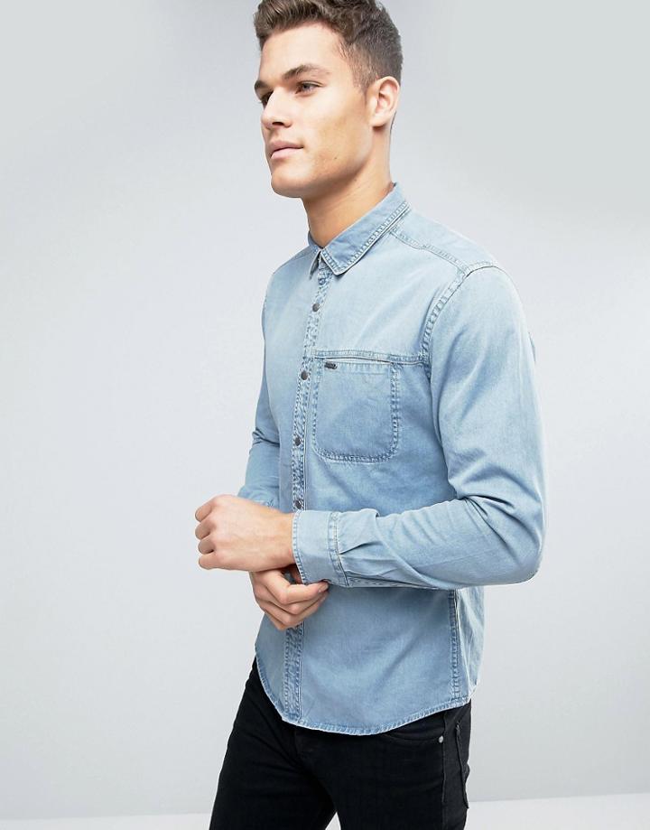 Esprit Denim Shirt In Slim Fit With Chest Pocket - Blue