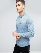 Esprit Denim Shirt In Slim Fit With Chest Pocket - Blue