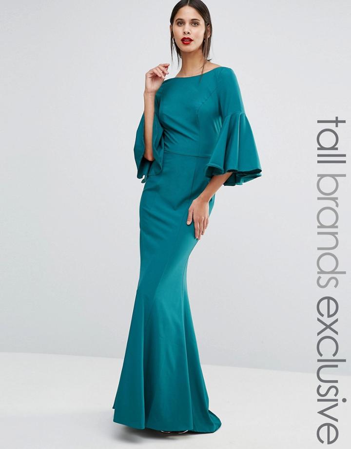Jarlo Tall Maxi Dress With Bell Sleeve And Button Back Detail - Green