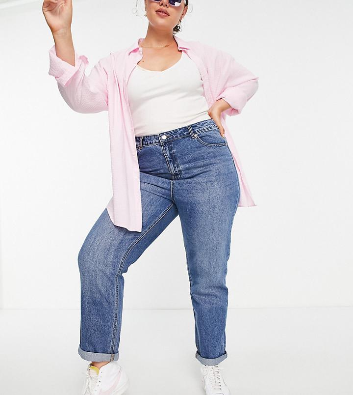 Dtt Plus Veron Relaxed Fit Mom Jeans In Mid Blue Wash-blues