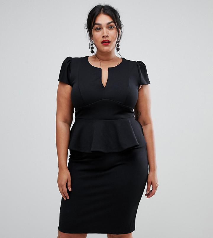 City Goddess Plus Capped Sleeve Peplum Dress-black