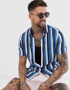 Asos Design Regular Fit Stripe Shirt In Blue And Pink - Blue