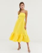 Asos Design Bandeau Midi Dress With Ruffle Pep Hem-yellow