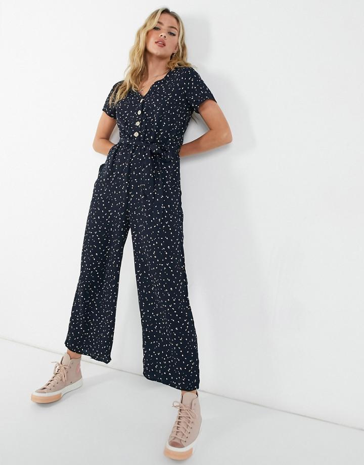 Gilli Button Front Tie Waist Jumpsuit In Navy
