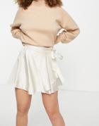 Bershka Satin Mini Wrap Skirt In Ecru-white
