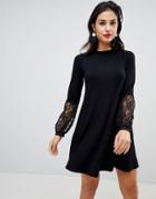Asos Swing Dress With V Back And Lace Sleeves - Black
