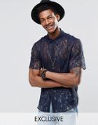 Reclaimed Vintage Lace Shirt With Raw Cut Sleeves - Navy