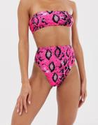 Asos Design Mix And Match High Leg High Waist Bikini Bottom In Pink Neon Snake Print