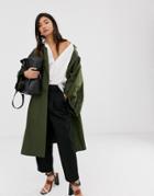 Asos Design Extreme Sleeve Tech Trench Coat - Green