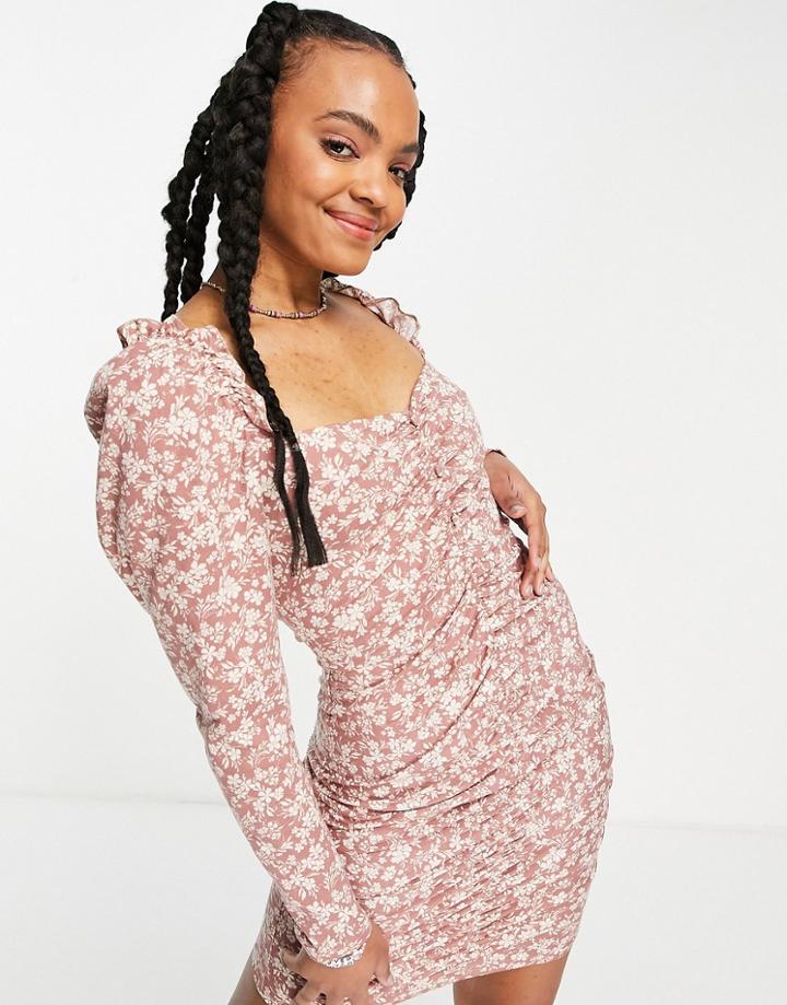 Asos Design Ruched Front Mini Dress With Long Sleeves In Rose Floral Print-pink