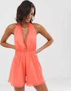 Asos Design Halter Neck Romper With Lace Trim-red