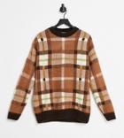 Collusion Unisex Brushed Plaid Sweater In Brown