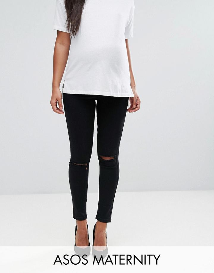 Asos Maternity Ridley Skinny Jean In Clean Black With Ripped Knees With Over The Bump Waistband - Black