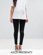 Asos Maternity Ridley Skinny Jean In Clean Black With Ripped Knees With Over The Bump Waistband - Black