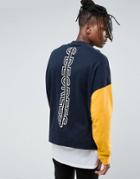 Asos Oversized Sweatshirt With Contrast Sleeve & Back Print - Navy
