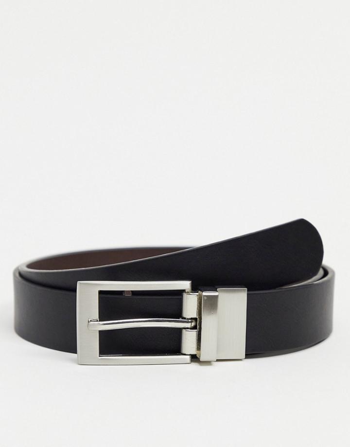 Asos Design Reversible Slim Belt In Brown And Black Faux Leather With Silver Buckle-multi