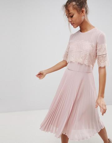 Elise Ryan High Neck Midi Dress With Pleated Skirt - Beige