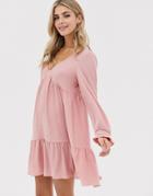 Asos Design V Neck Mini Smock Dress With Pep Hem - Pink