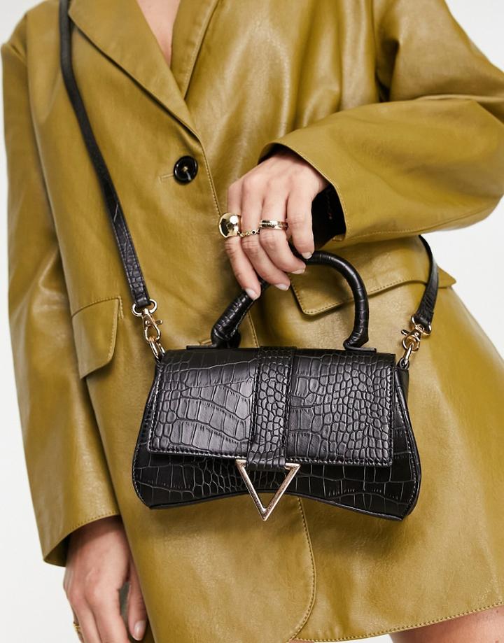 Asos Design Curved Crossbody Bag With Triangle Hardware In Black Croc
