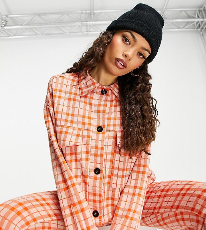 Asos Design Petite Jersey Crop Suit Jacket In Orange Plaid-multi